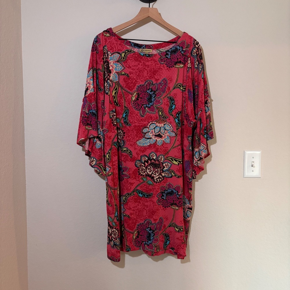 Democracy Tunic Dress L Floral Paisley Pinkโ Boho Flutter Sleeve Button Back